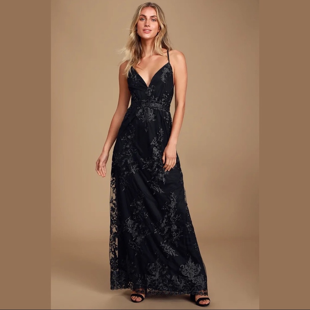 lulus black embroidered floral mesh maxi dress